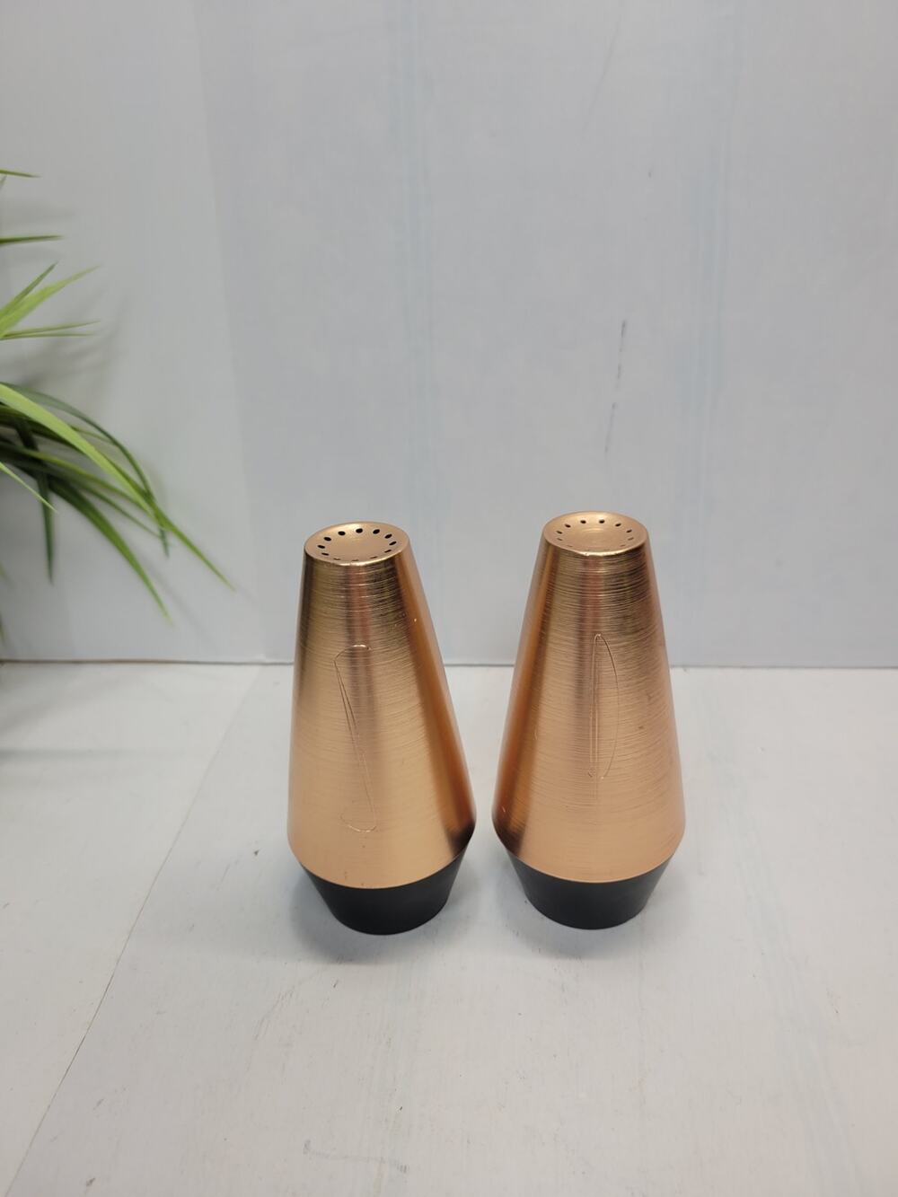 Vintage MCM Copper Aluminum Salt and Pepper Shakers Set Retro 1950s Black Base